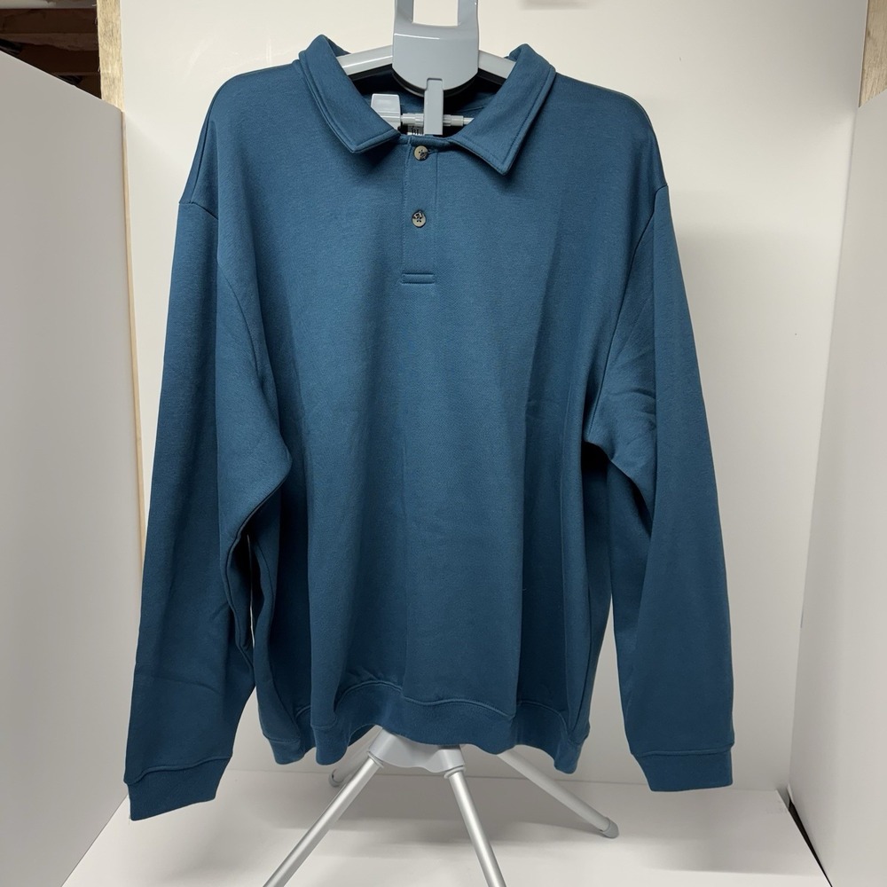 John Blair Men's 2XL Teal Fleece Pullover Polo Sweatshirt New Without Tags